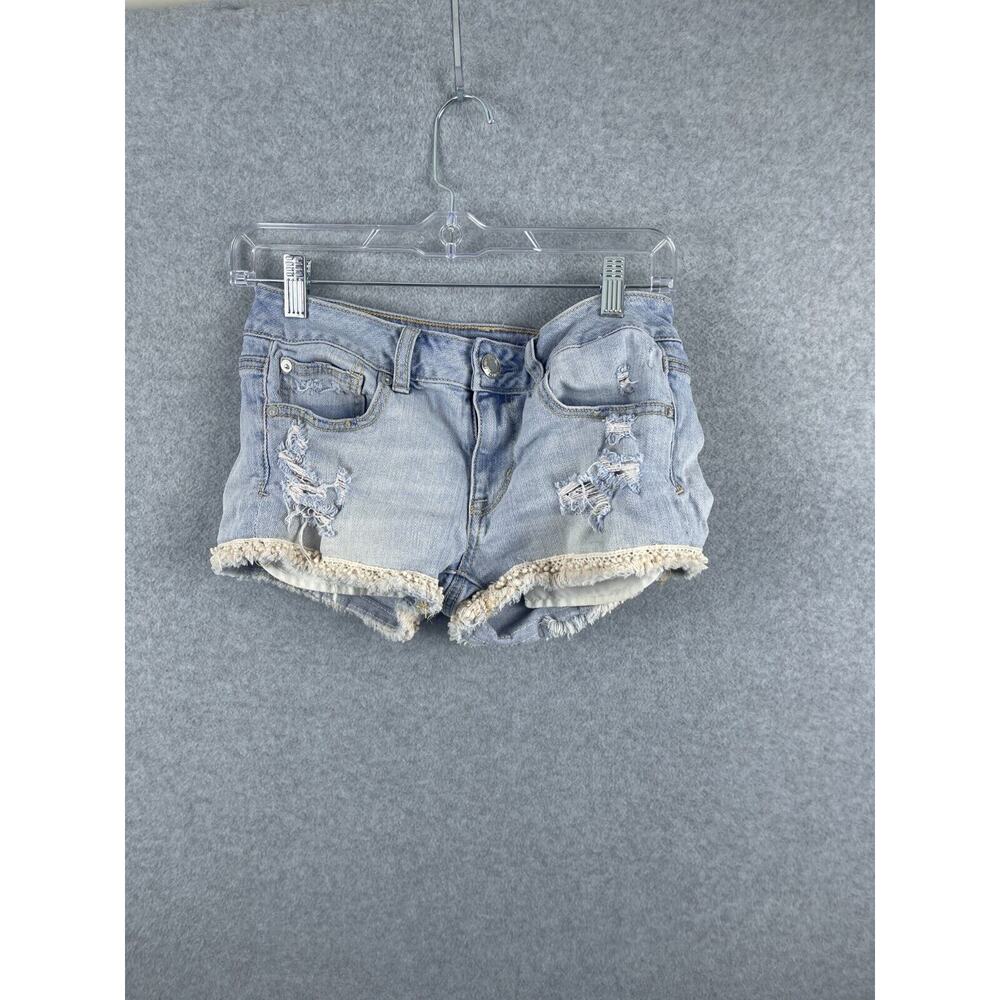 American Eagle Jean Shorts Women's 4 Blue Shortie Lace Trim Distressed